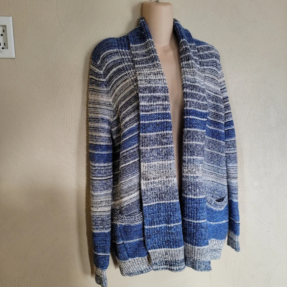 Lucky Brand Blue White Stripe Open Front Cardigan Sweater Size Women's Medium - Picture 5 of 10
